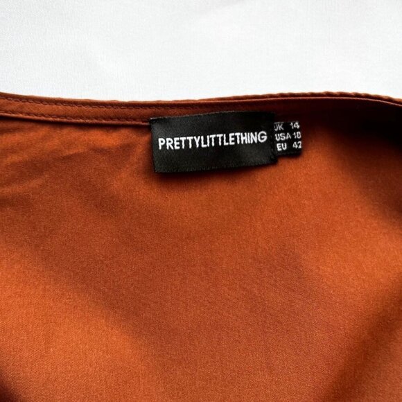 PRETTYLITTLETHING BUTTON FRONT PUFF SLEEVE SKATER SKIRT IN BROWN - 10 - Picture 9 of 13